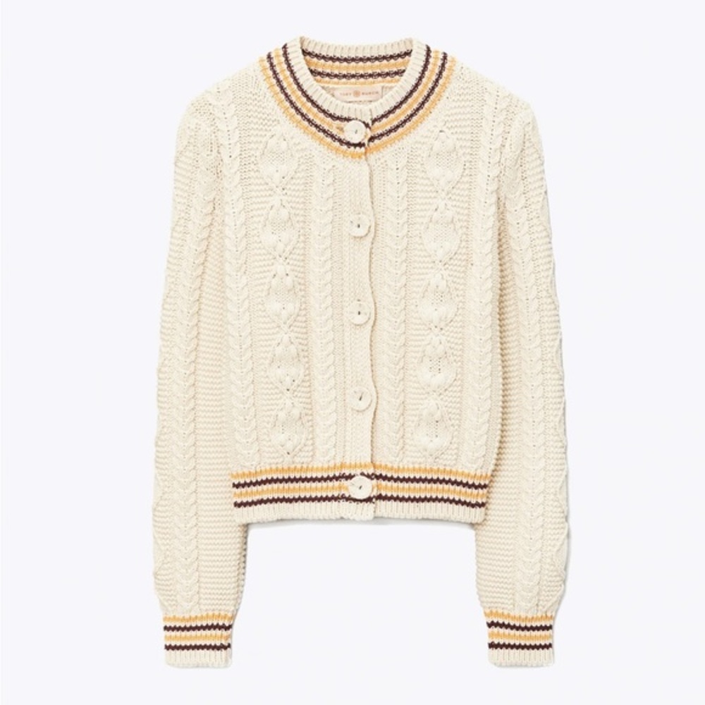 Tory Burch cropped cable knit vintage ivory cardigan sweater ladies L NWT